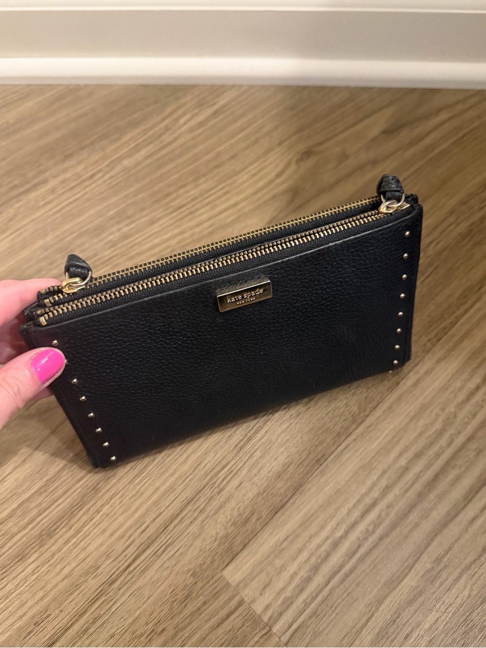kate spade Black Pebbled Leather Double-Zip Wristlet with Gold Studs